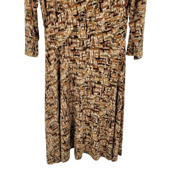 Vintage Slinky Stretch Faux Wrap Dress XL Brown Geometric Gathered Waist Mod USA - Picture 6 of 11